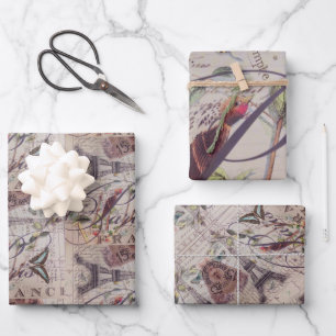 Feuille De Papier Cadeau Vintage Paris Bird Botanique Tour Eiffel