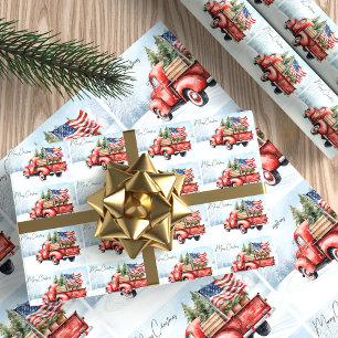 Feuille De Papier Cadeau Vintage Red Christmas Truck USA Drapeau Patriotiqu