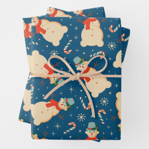 Feuille De Papier Cadeau Vintage Retro Snowman et Sucre de canne Blue