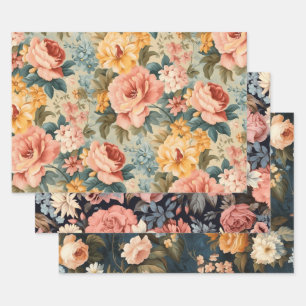 Feuille De Papier Cadeau Vintage rose jaune bleu floral