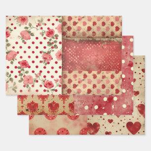 Feuille De Papier Cadeau Vintage Shabby Chic Half Mix Red Floral Heart Spot
