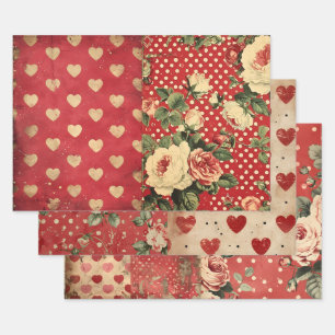 Feuille De Papier Cadeau Vintage Shabby Chic Half Mix Red Floral Heart Spot