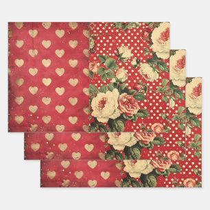 Feuille De Papier Cadeau Vintage Shabby Chic Half Mix Red Floral Heart Spot