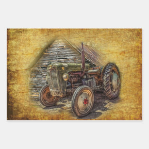 Feuille De Papier Cadeau Vintage tracteur de ferme Old Barn Shed