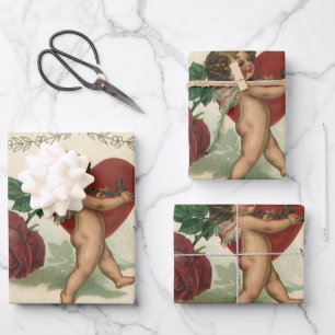 Feuille De Papier Cadeau Vintage Victorian Valentine Cherub, Rose et coeur
