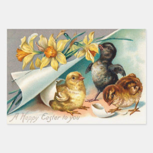 Feuille De Papier Cadeau Vintages poussins aux fleurs jaunes Salutation de