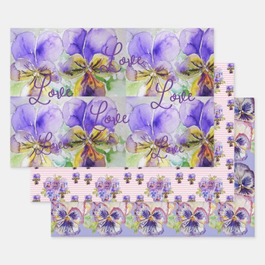 Feuille De Papier Cadeau Viola violet Pansies fleur Aquarelle Amour (Lot)