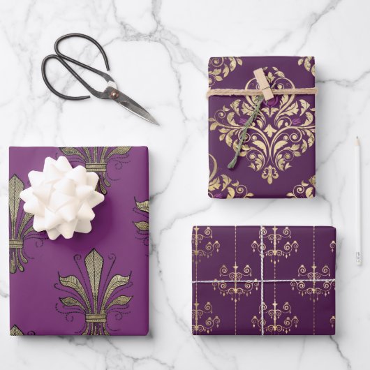 Feuille De Papier Cadeau Violet et Or Paris thème (Recto)