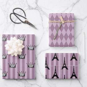 Feuille De Papier Cadeau Violet foncé et noir sur le thème de Paris