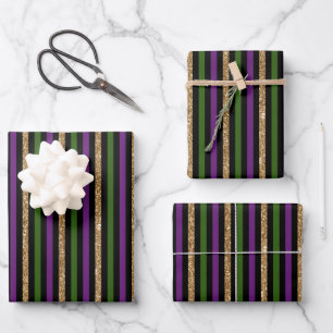 Feuille De Papier Cadeau Violet, Vert, Noir, Faux Gold Stripes Mardi Gras