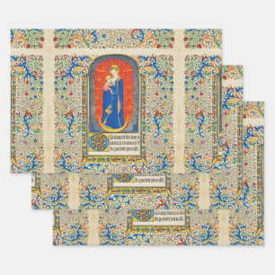 Feuille De Papier Cadeau VIRGIN AVEC ENFANT ET ANGELS Antique Fleurs