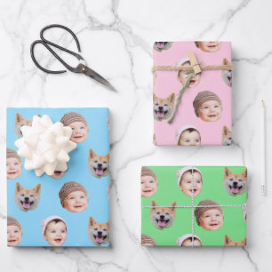 Feuille De Papier Cadeau Visage bébé personnalisé, famille personnalisée 3 