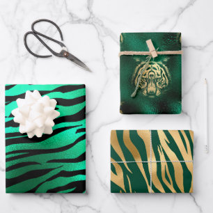 Feuille De Papier Cadeau Visage et rayures de tigre vert et or élégant Safa