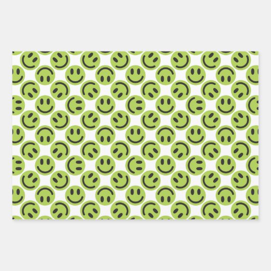 Feuille De Papier Cadeau Visage Heureux Vert Rayures et Points (Devant)