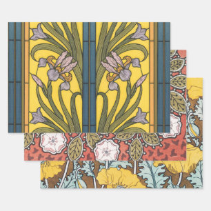 Feuille De Papier Cadeau Vitrail Art Nouveau Fleur d'Iris Bleu Or