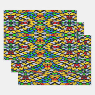 Feuille De Papier Cadeau Vitrail jaune, rouge et bleu