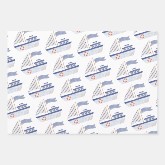Feuille De Papier Cadeau Voilier À Thème Nautique (Devant 2)