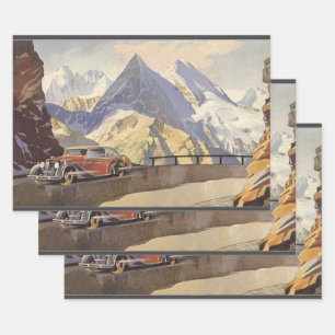 Feuille De Papier Cadeau Voiture vintage sur route de montagne en hiver ave