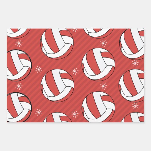 Feuille De Papier Cadeau Volley-ball Noël Festive rayé Ball Neige Rouge (Devant 3)