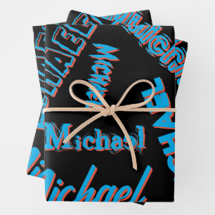 Feuille De Papier Cadeau Votre nom motif monogramme bleu rouge noir
