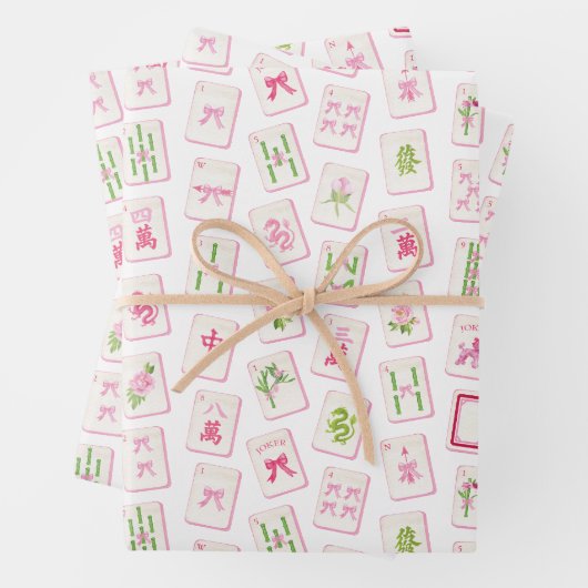 Feuille De Papier Cadeau Watercolor Pink & Green Bow Mahjong (En situation)