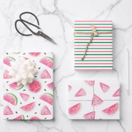 Feuille De Papier Cadeau Watercolor Watermelon & Stripes Motif (Recto)