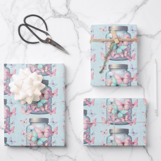 Feuille De Papier Cadeau  Whimsical Butterflies in a Jar Pattern (Recto)