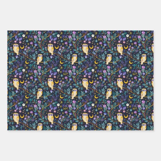 Feuille De Papier Cadeau Whimsical Night Owl Motif - Forêt Enchantant (Devant 3)