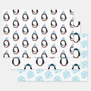 Feuille De Papier Cadeau Whimsical Penguin Snowflakes Noël