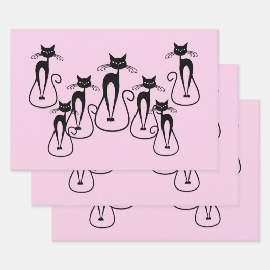 Feuille De Papier Cadeau Whimsical Skinny Chat noir rose (Lot)