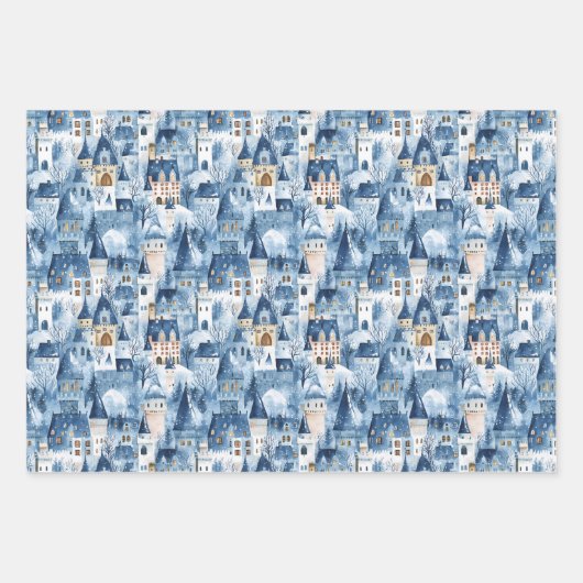 Feuille De Papier Cadeau Whimsical Snowy Winter Village Holiday Pattern  (Devant)