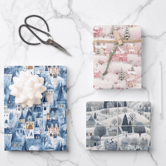 Feuille De Papier Cadeau Whimsical Snowy Winter Village Holiday Pattern  (Recto)