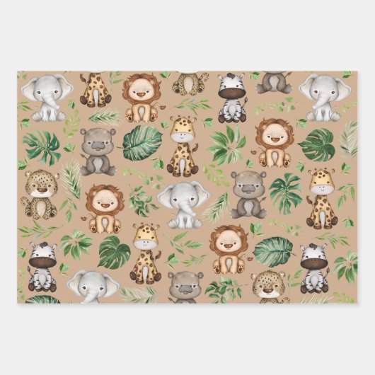 Feuille De Papier Cadeau Whimsical Tropical Jungle Safari Animaux sauvages (Devant 3)