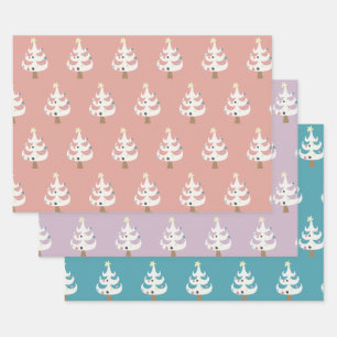 Feuille De Papier Cadeau Whimsical White Christmas Trees Trio