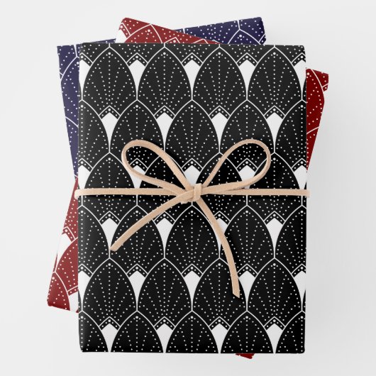 Feuille De Papier Cadeau White Art Deco Pattern On Black (En situation)