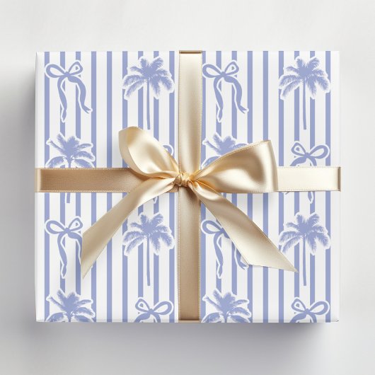Feuille De Papier Cadeau White Blue Coastal Palm Trees Bows Stripes Pattern