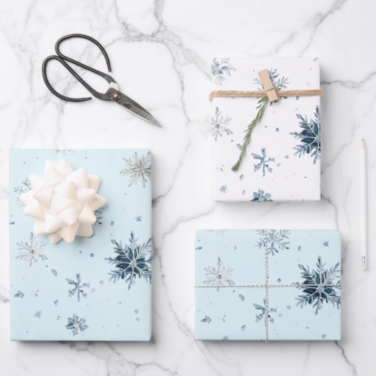 Feuille De Papier Cadeau White Blue Snowflakes Christmas (Recto)