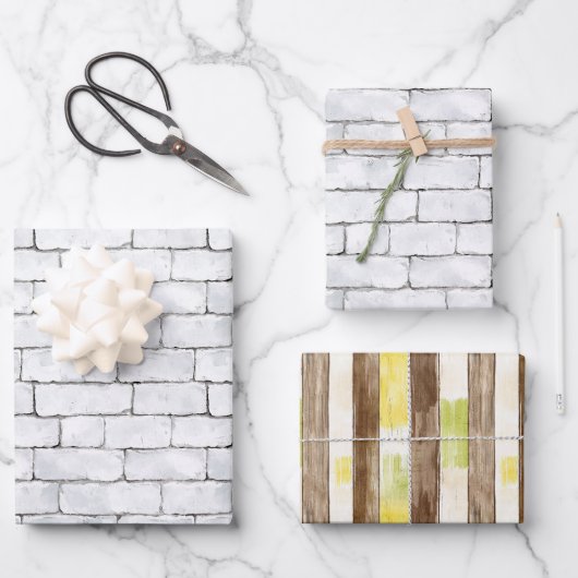 Feuille De Papier Cadeau White Bricks Brown Lemon Yellow Green Stripes (Recto)