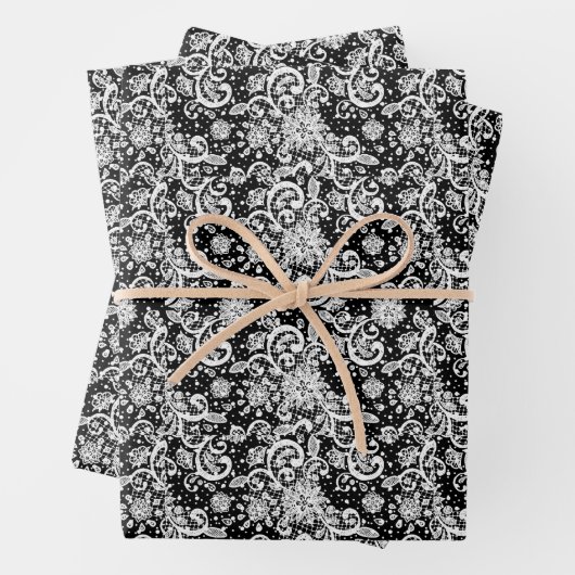 Feuille De Papier Cadeau White Lace on Black Background Pattern (En situation)