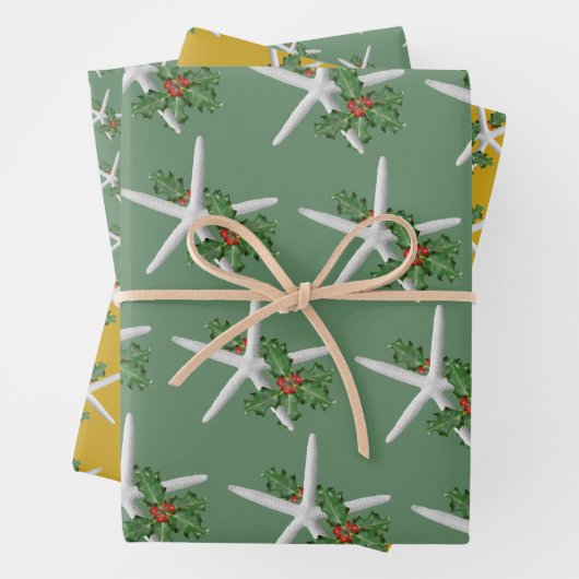Feuille De Papier Cadeau White Starfish Holly Motif Noël (En situation)