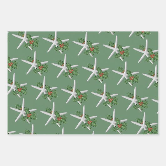 Feuille De Papier Cadeau White Starfish Holly Motif Noël (Devant)