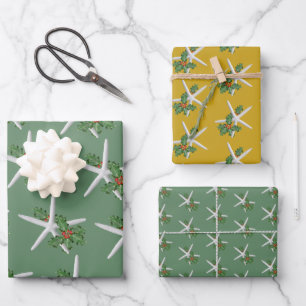 Feuille De Papier Cadeau White Starfish Holly Motif Noël