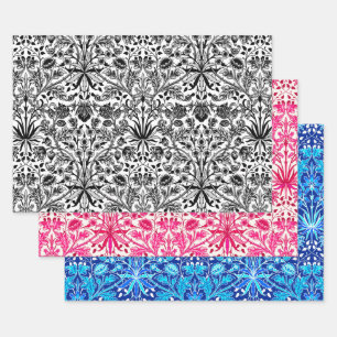 Feuille De Papier Cadeau William Morris Hyacinths, noir/blanc, rose, bleu