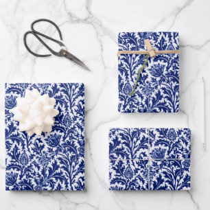 Feuille De Papier Cadeau William Morris Thistle Damask, Cobalt Bleu & Blanc