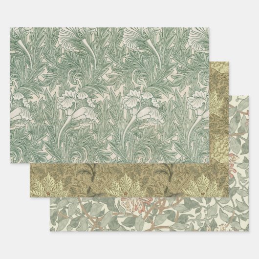 Feuille De Papier Cadeau William Morris Vert Sauge Motif Tulipe : Vintage (Lot)