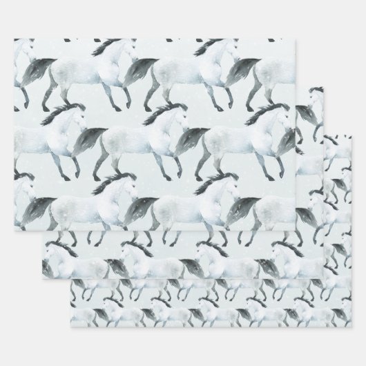 Feuille De Papier Cadeau Winter Blue Snowy White Horse (Lot)