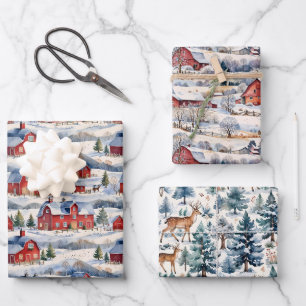 Feuille De Papier Cadeau Winter Country Farm & Red Barnes
