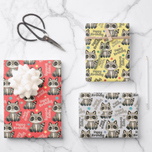 Feuille De Papier Cadeau Woodland Cute Raccoon Joyeux anniversaire