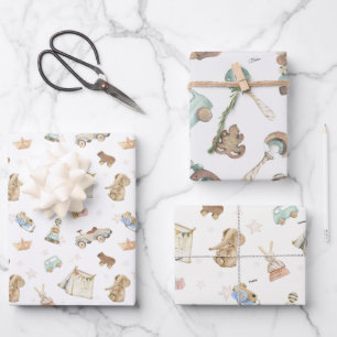 Feuille De Papier Cadeau WP Boho Noms sur (2) Jouets Vintages blancs