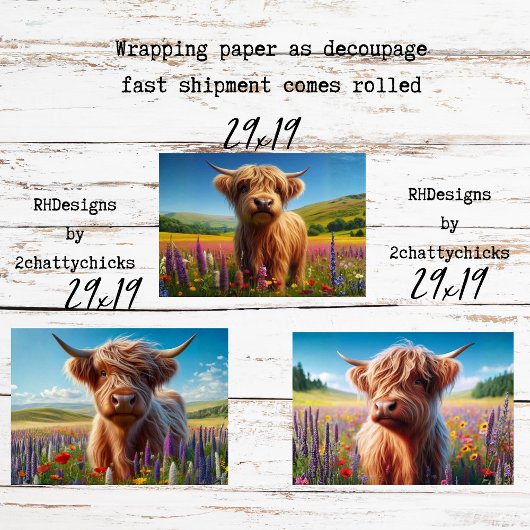 Feuille De Papier Cadeau Wrapping Paper Decoupage 3 Highland Cow Designs 
